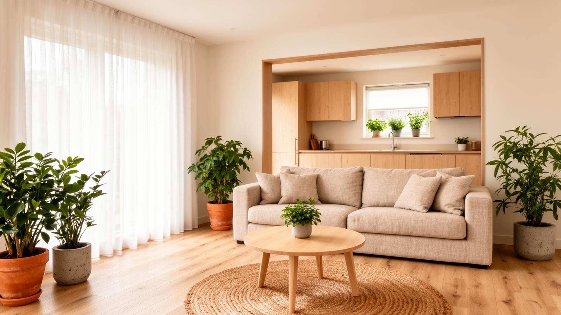 Lichte Scandinavische woonkamer met keuken op de achtergrond