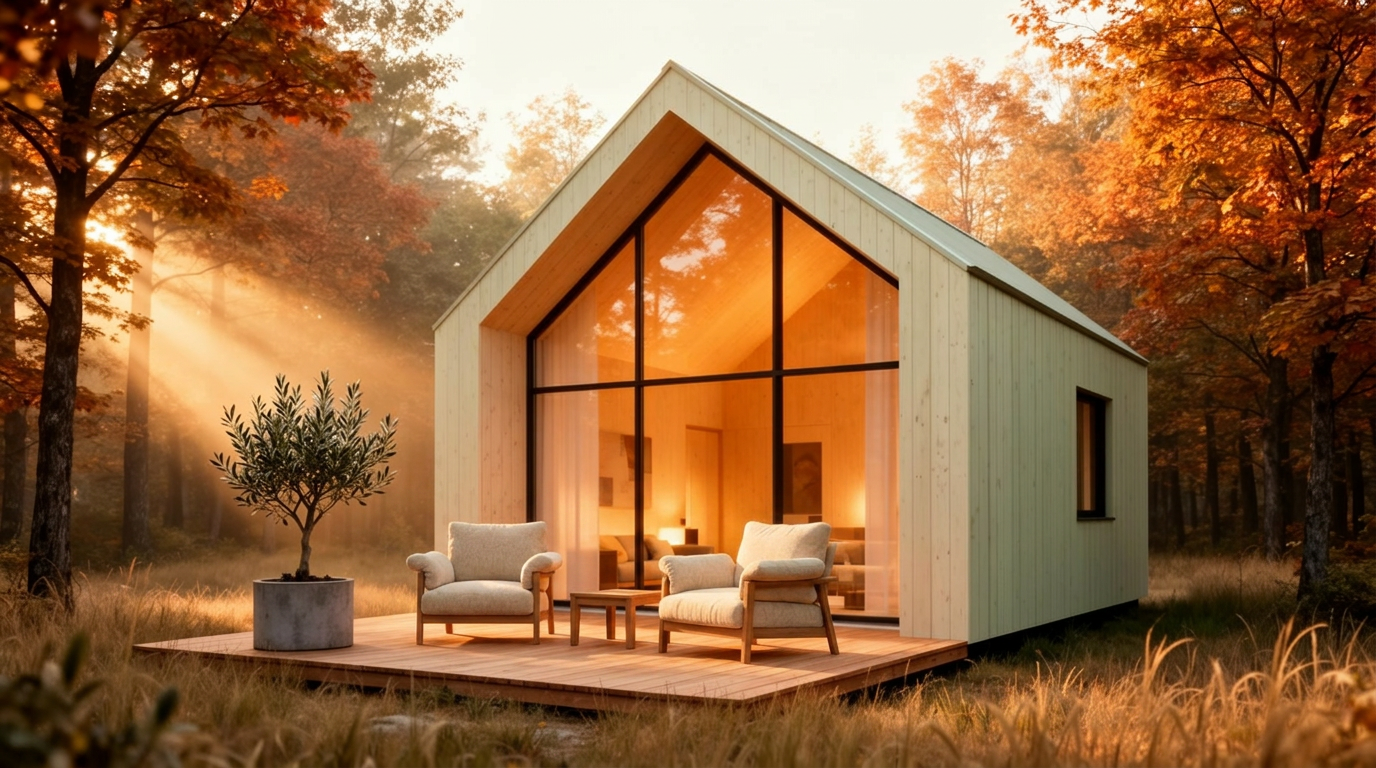 Compacte mantelzorgwoning met warm verlicht interieur in een bos bij gouden ochtendlicht